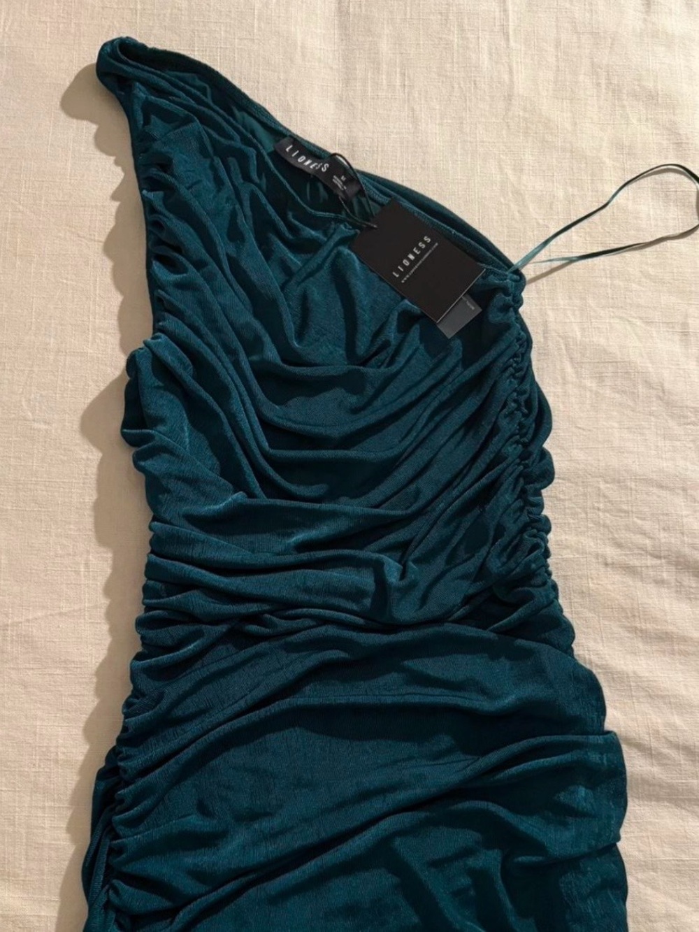 Lioness Teal Ruched One-Shoulder Mini Dress